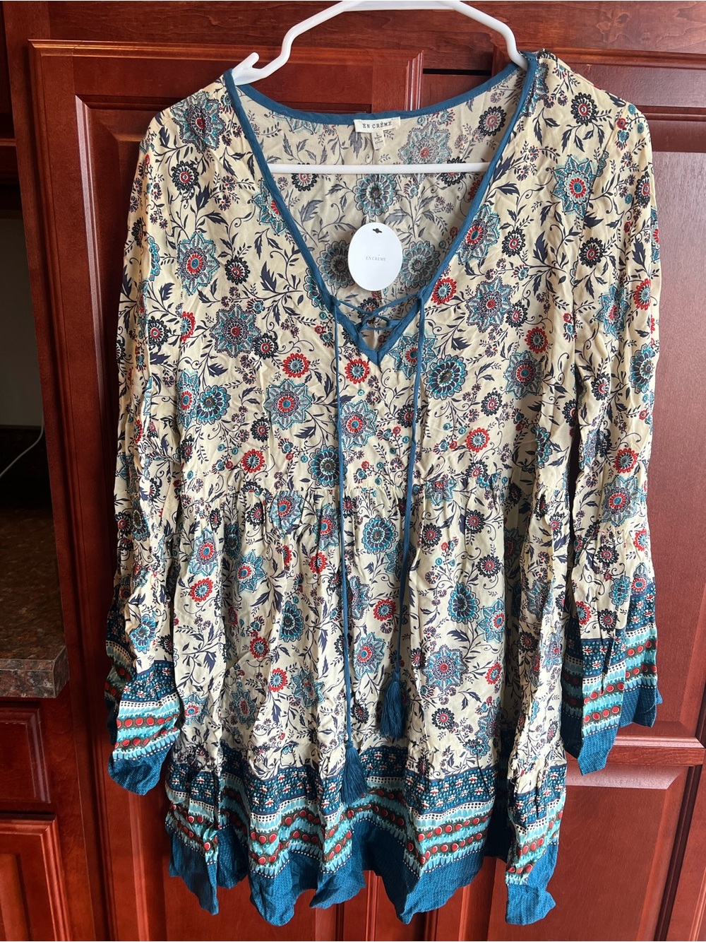 En Creme Ivory Floral Boho Dress with Teal and Red Accents